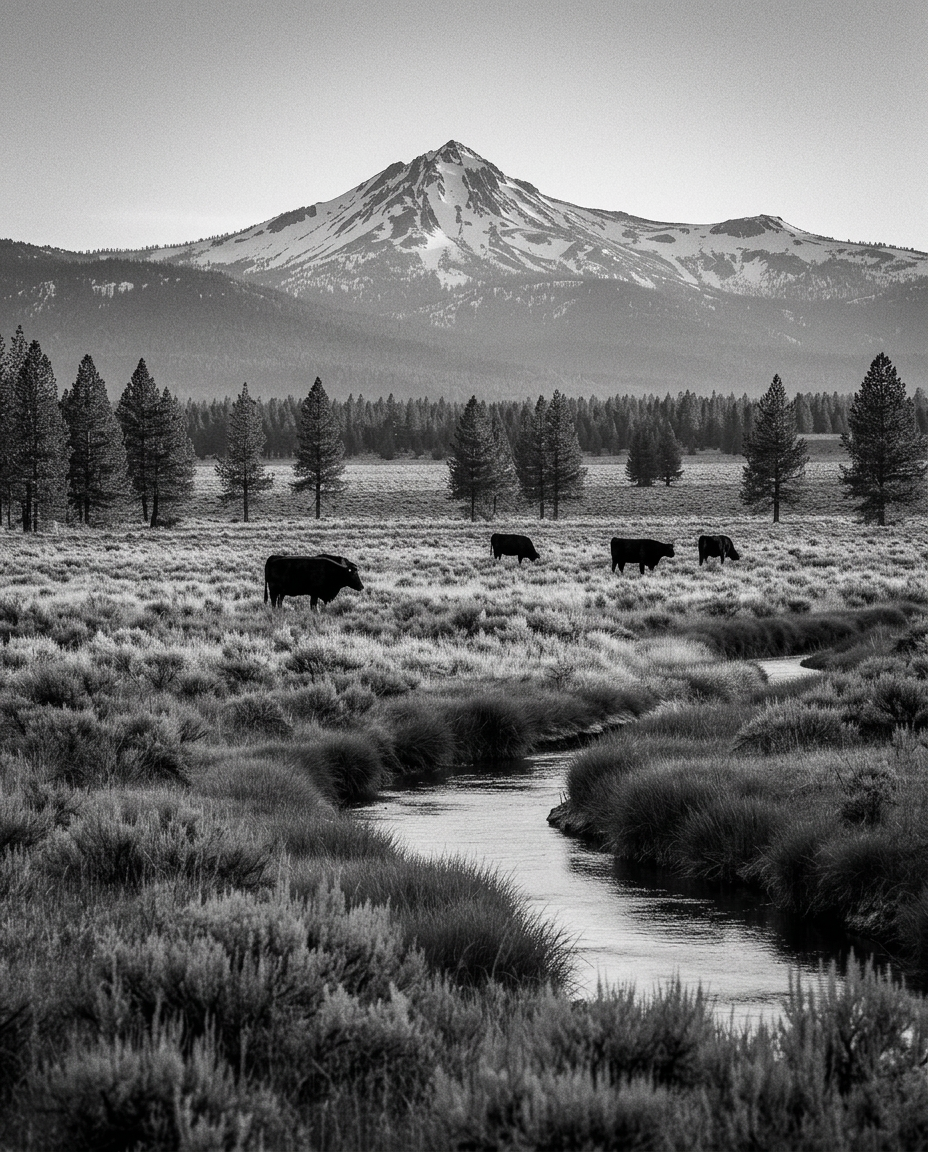 Cattle grazing along a creek with snow-capped Cascade peaks in the distance