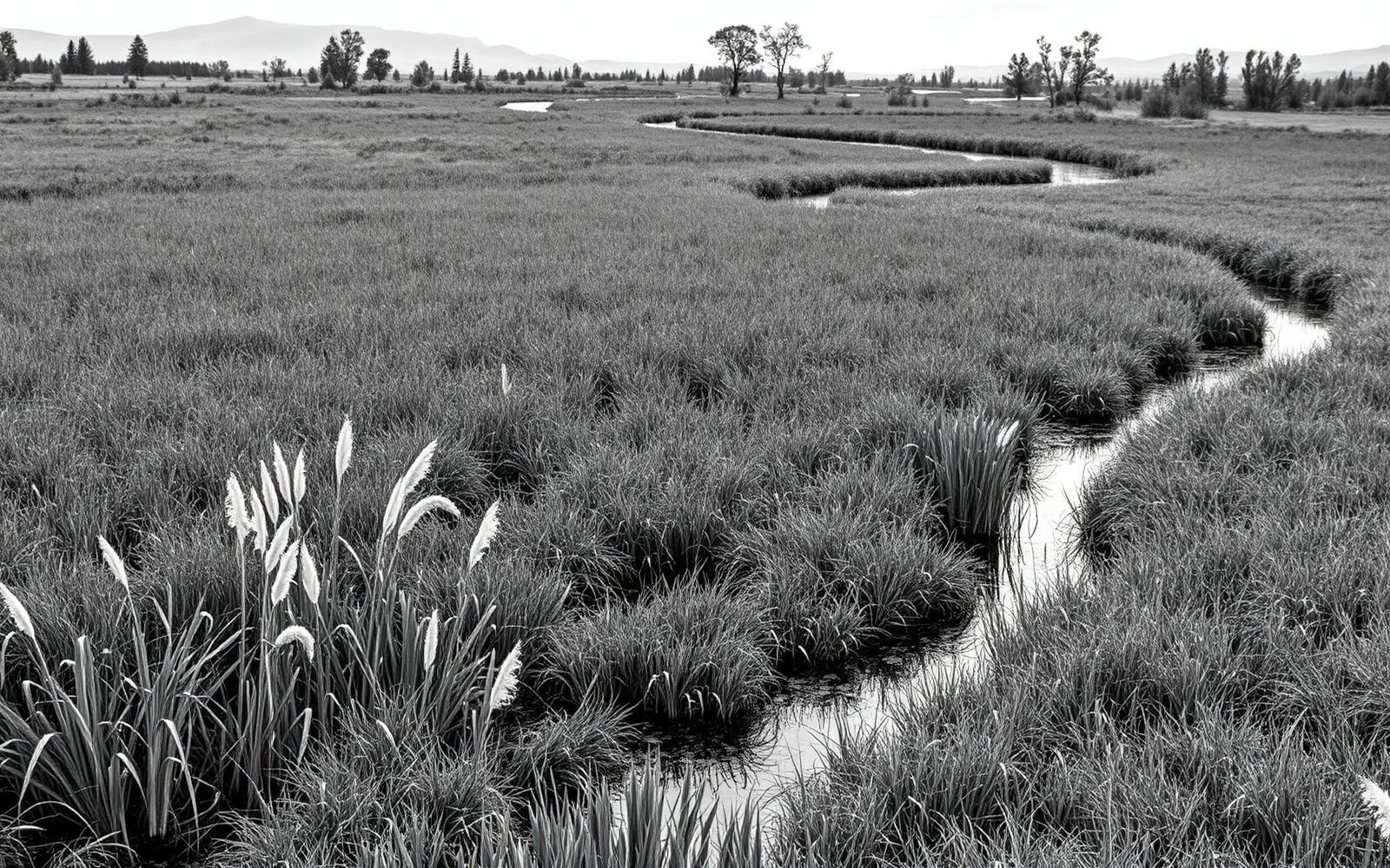 Restored wetland with reeds and meandering creek in the Klamath Basin
